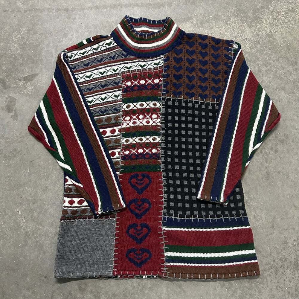 Mainframe Patchwork Mock Neck Sweater Size M Multi Colorblock Hearts